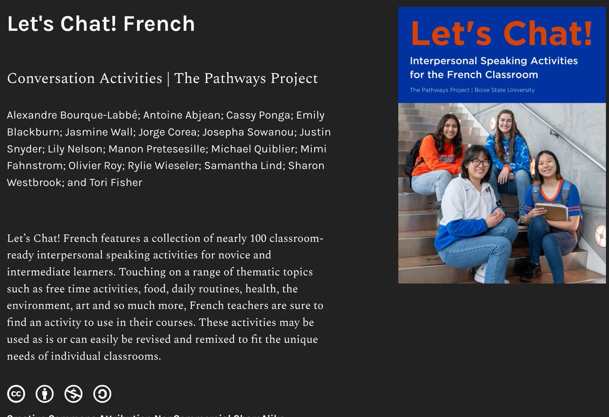 Let’s Chat! French: collection of nearly 100 classroom-ready interpersonal speaking activities on thematic topics: free time activities, food, daily routines, health, the environment, etc. May be used as is or revised and remixed. #langchat @kelly_arispe  boisestate.pressbooks.pub/pathwaysfrench/