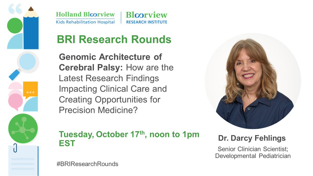 Tickets are still available for our upcoming virtual BRI Research Rounds with Dr. Darcy Fehlings, presenting cutting-edge research on the technology of whole genome sequencing to investigate cerebral palsy. Register now: hollandbloorview.ca/BRIResearchRou…