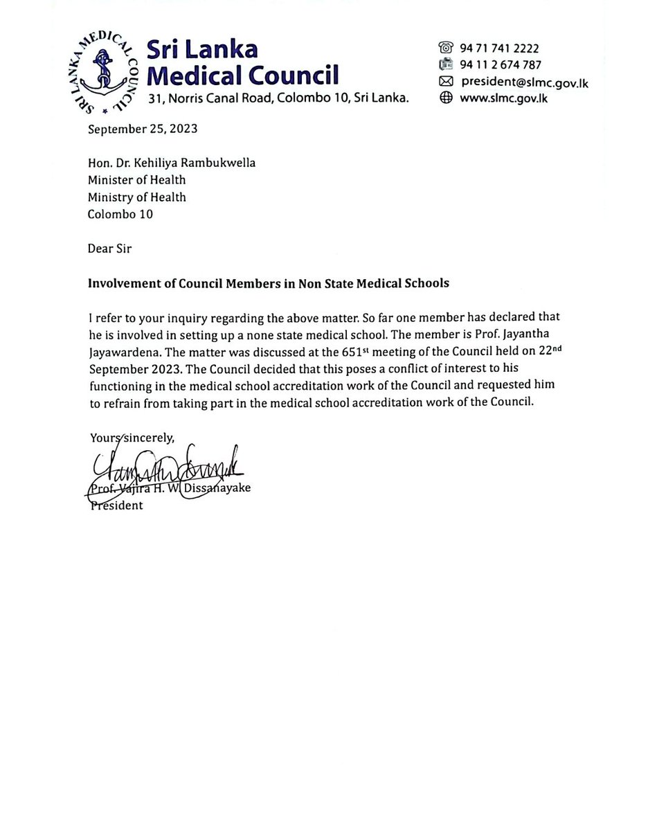 In a further shakeup, Prof. Jayantha Jayawardane has been removed from the board of #lka medical Council. Despite me initially appointing him, there arose a conflict of interest. Following counsel from SLMC &amp; on par with the Act, a decision was made to terminate his services.