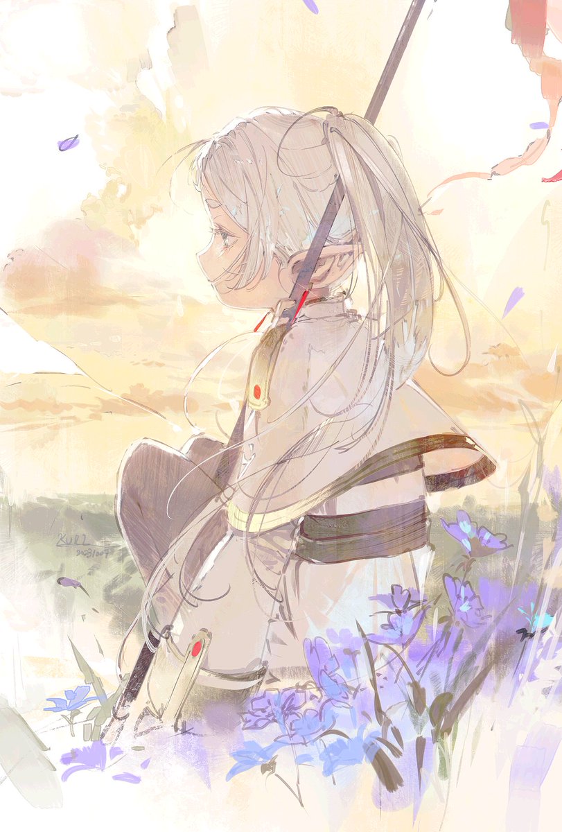 solo 1girl flower long hair pointy ears sitting ponytail  illustration images