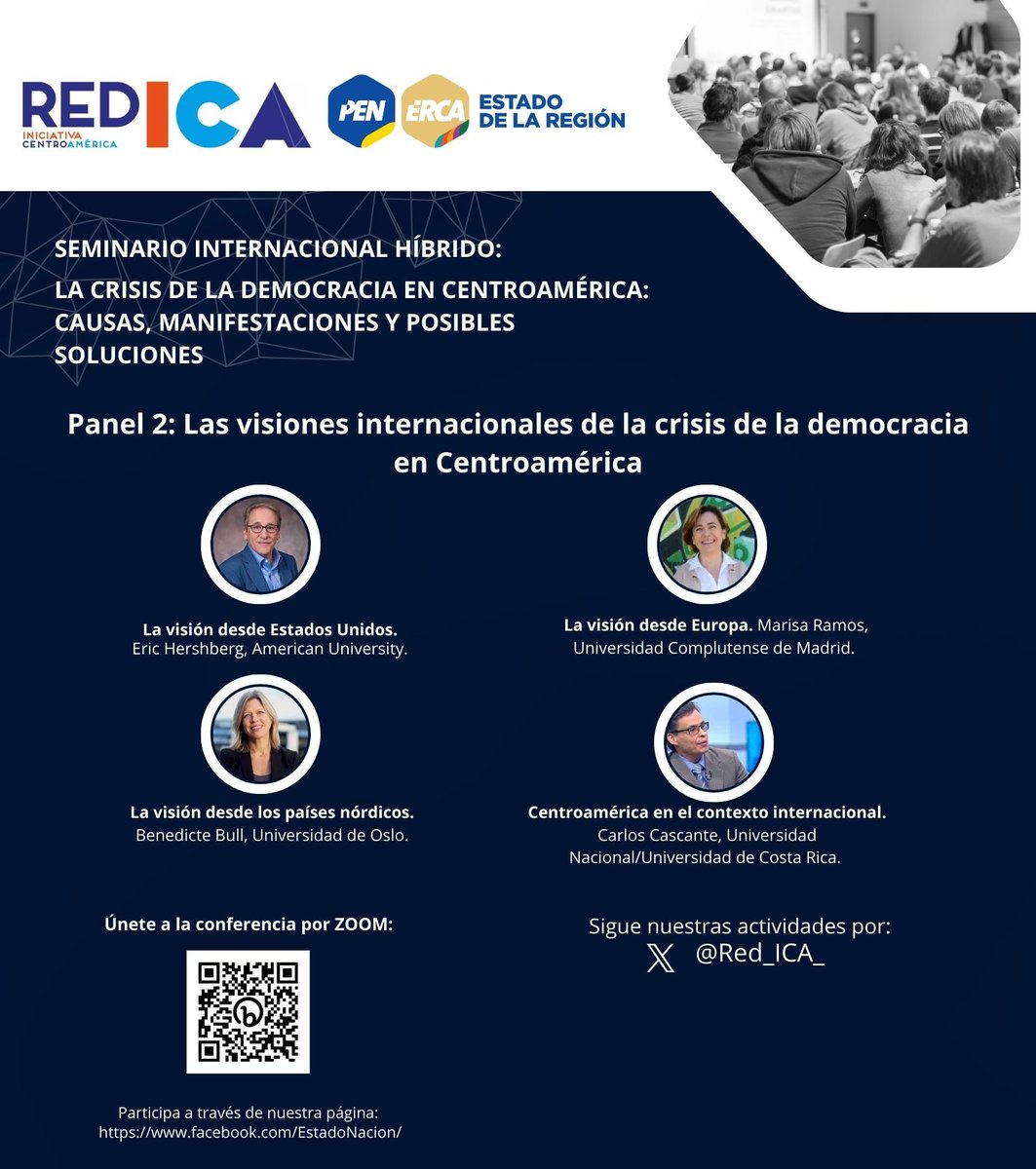 ✅Estamos iniciando el segundo panel #Visiones internacionales de la #crisis de la #democracia en #centroamerica. Gracias por acompañarnos. Estamos conectados por ZOOM ⬇️y FB de @EstadoNacion. Modera el panel @ASegoviaSV