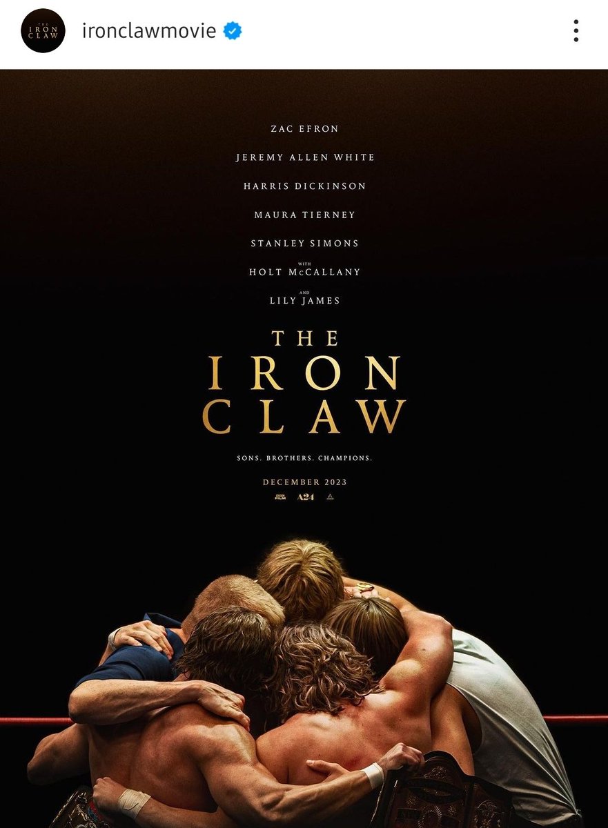 LILYJAMESSTYLE1's tweet photo. First official poster of "The Iron Claw" is released! The trailer drops next Wednesday. 🎥 

The new a24 film stars Zac Efron, Lily James, Jeremy Allen White, Harris Dickinson, Stanley Simons,Maura Tierney, Holt McCallany. 

📸 IronClawMovie/Instagram
#TheIronClaw #A24 https://t.co/hsuDE6i6f4