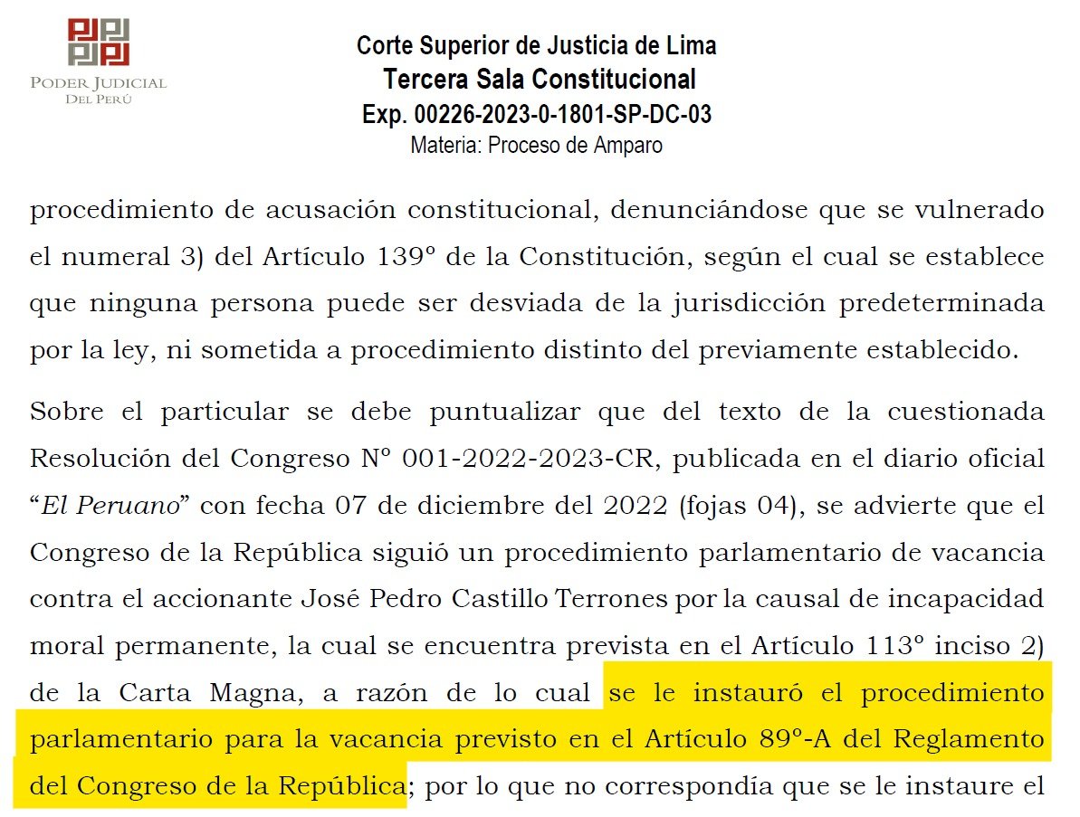 Tercera Sala Constitucional. Acción de Amparo del Pdte. Castillo (Exp. N.° 226-2023)
Una de las anormalidades de la sentencia:

a) Castillo afirma que el Congreso no aplicó el procedimiento del art. 89-A de su Reglamento para vacarlo.
b) El Congreso, al contestar la demanda,