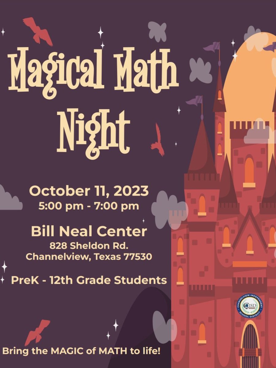 McGheeWolves's tweet photo. ๐ฃ Save the Date! โจ Join us for an enchanting evening of Magical Math Night! ๐งโโ๏ธ๐งฎ๐ Get ready for fun games and fascinating math discoveries! ๐ฉ๐ขโจ#MagicalMathNight #MESFamily @McGheeWolves @ChannelviewISD https://t.co/etbZOT6SBO