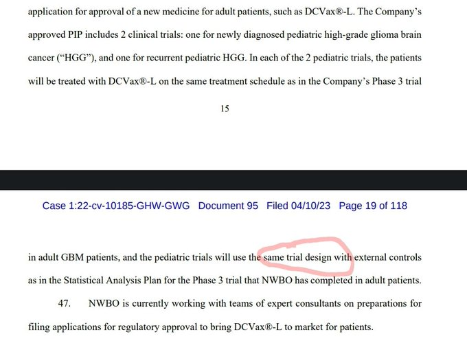 hoffmann6383's tweet photo. $NWBO

A few comments on why we have an ECA, per Dr. Liau. 

37 minute mark.

https://t.co/rlPCkAlWc0

Dr. Musella: Can you compare the OS of those who did not get the vaccine upfront to those that got placebo and did not crossover?

Dr. Liau: There were few very few of them left. If you looked at the data, 99 patients were in that placebo group. If you exclude the few that actually dropped out, there is 93. 64 of them crossed over. We only had a group of 29. Of those 29, many of them actually passed away before crossover or were to sick to crossover. The numbers were not sufficient to make that comparison.

Dr. Musella: If you did make that comparison people would have probably criticized you for using such small numbers.

Dr. Liau: Right.

Remember, the FDA required the crossover which led to the need for an ECA. See the Dr. Liau interview at 7:58 mark: https://t.co/p3Y2kE5lDS

Also, remember that 72.2% of oncology approvals in 2020 were based on historical, external or other controls. [1] See Image 1. 

Recall, Linda Powers stated the Statistical Analysis Plan would not be unblinded until all 4 regulators approved of said plan. See Image 2.

Lastly, the MHRA approved the Pediatric Investigation Plan using the same trial design as the P3 DCVax-L trial. See Image 3. 

What does this all mean?  

I have zero concerns with the use of an ECA and apparently the regulators have the same level of concern, zero. 

[1] https://t.co/DYP9PzVVr0