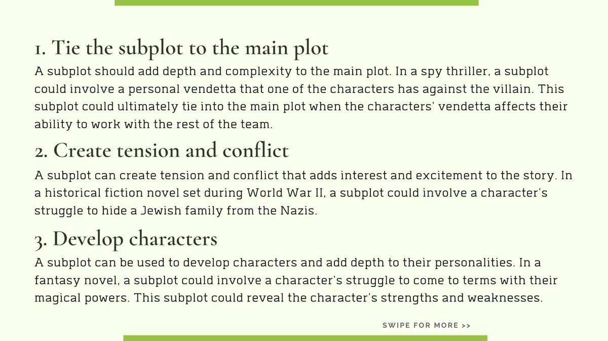 EdioakEdits's tweet image. 📚 Elevate Your Storytelling with Subplots! 🌟 Unlock the secrets of compelling subplots with these 5 tricks. Let your storytelling shine! 📖💫
#WritingTips #Storytelling #PlotDevelopment #WritersCommunity #Authors #CreativeWriting #FictionWriting #CharacterDevelopment