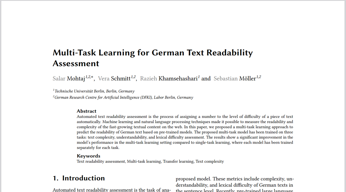 SalarMohtaj's tweet image. I am happy to share that our recent paper titled &quot;Multi-Task Learning for German Text Readability Assessment&quot; has been accepted to be presented at the 9th Italian Conference on Computational Linguistics @CLiC_it_conf
#NLP #multi_task_learning #german_text_readability #clicit2023
