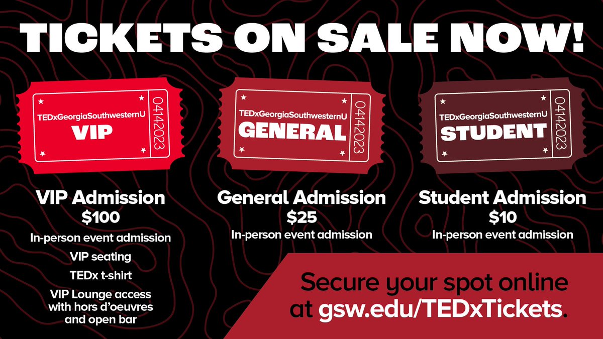 TEDxGSWU's tweet photo. 🎟️ Tickets for TEDxGeorgiaSouthwesternU: Leaving Your Mark are selling quickly, so act fast to be sure you get tickets for our second annual event!

🔗 Secure your VIP, General, or Student tickets at https://t.co/f8HTwlSqoF.

📆 Friday, October 20 at 6pm https://t.co/RibuWo55Vl