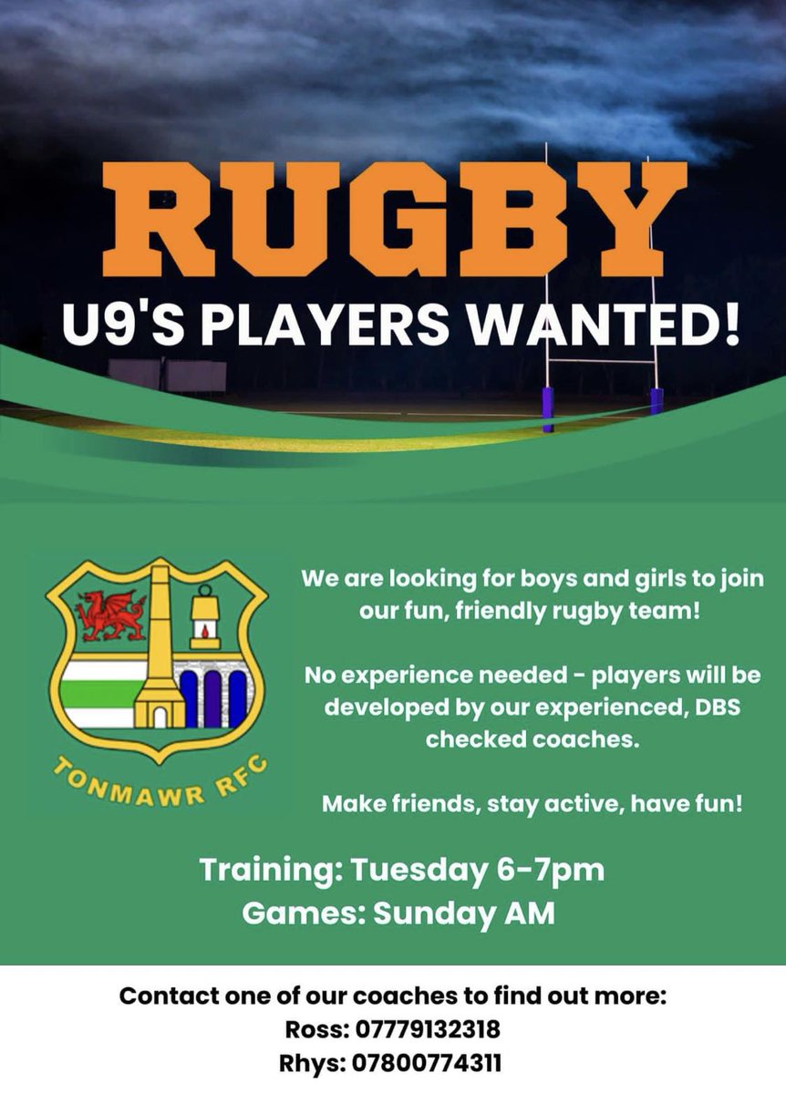 tonmawr_rugby's tweet photo. Our #TonmawrU9s squad are in action this Sunday against Maesteg Under-9s.

They're also looking for new players to join them, with both Boys and Girls are welcome.

Interested then why not get in touch with Rhys or Ross.
#RugbyFriendlyFun https://t.co/KqwQXS78R6