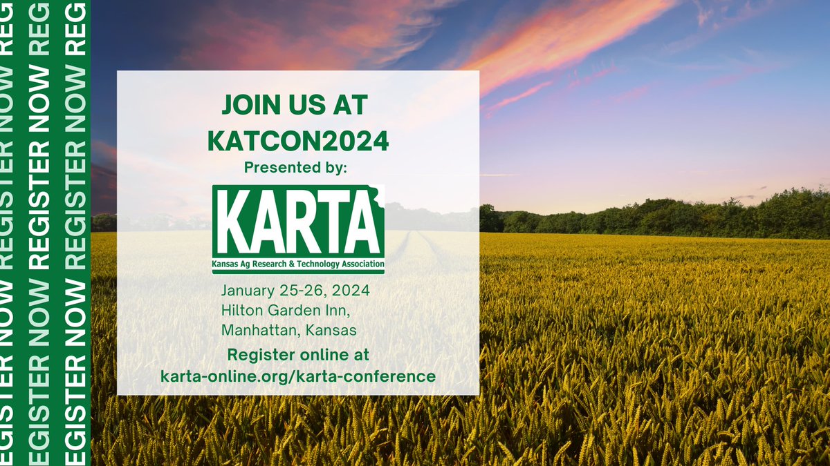 Kartaonline's tweet image. We’re excited to announce we’ll be hosting KATCON 2024 in Manhattan, KS this year! Join us for this two-day event, which includes knowledgeable speakers, vendor displays, research presentations from grant recipients, and an interactive evening discussion.
#KARTA #AgTech