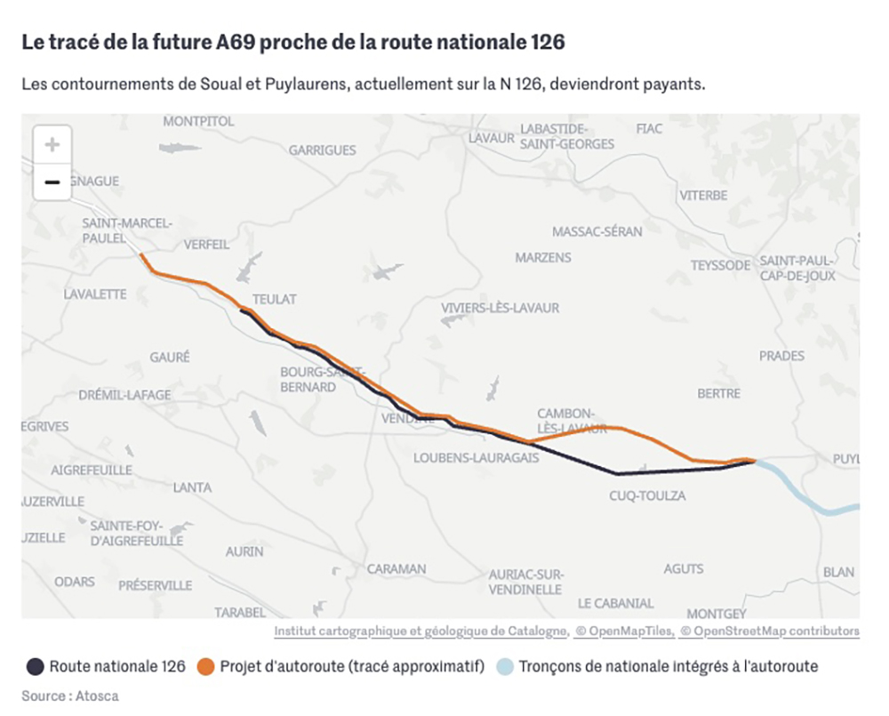 Encore un truc qui me fait hurler sur l'#A69 : elle a été conçue pour relier Castres à Toulouse.
MAIS comme la N126 est déjà sur le meilleur itinéraire, que va faire l'A69 ?
Elle va être posée littéralement à côté de la Nationale.
On va donc avoir une route à 6 voies, en pleine