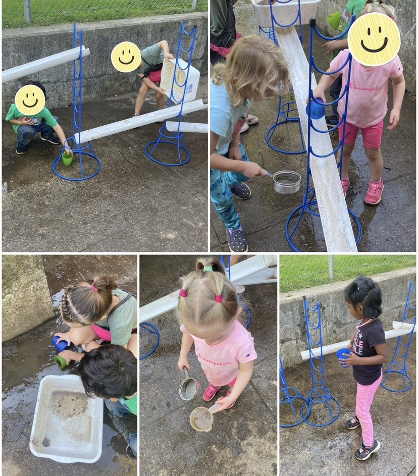 During this activity I observed turn taking, sharing ideas and working together. When the water ran out the friends were trying to figure out how to get more water. One of the friends said, “Hey guys… look I found more water in this puddle”. <a href="/DonnellyEmilie/">Mrs. Donnelly</a> <a href="/louisearbourfi/">Louise Arbour FI</a>
