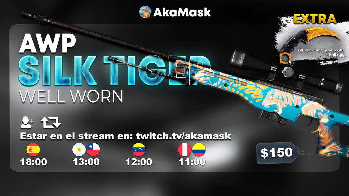 Aka_Maskk's tweet photo. 🎁SORTEO AWP SILK TIGER

🏆EXTRA: IRL KARAMBIT TIGER TOOTH @KnifyGG 

💰+$150

Requisitos:
✅Follow &amp; RT
✅Estar en el directo este domingo: https://t.co/Fa9RKGaZkn

GL❤️ https://t.co/gAMDiezC11