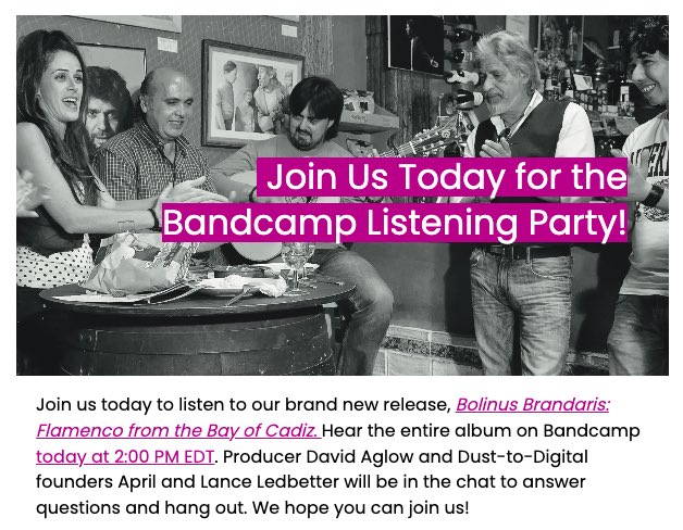 We are about 30 minutes out from the Bandcamp listening party for our new release, “Bolinus Brandaris: Flamenco from the Bay of Cadiz.” We hope you can join us! dusttodigital.bandcamp.com/merch/bolinus-…