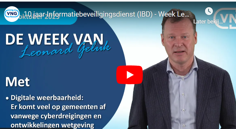De week van Leonard Geluk, algemeen directeur VNG:  Al 10 jr ondersteunt IBD gemeenten bij informatieveiligheid en privacybescherming. Demissionair stas van Huffelen benoemt veranderingen tijdens het lustrumfeest. youtube.com/watch?v=KSh04c…