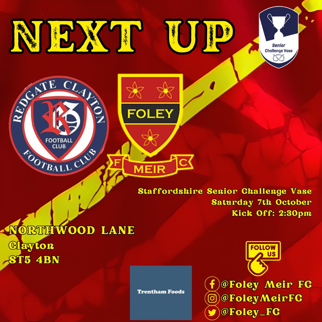 ⚽NEXT UP⚽

🏆 Staffordshire Senior Challenge Vase
🆚 <a href="/Redgate_C_FC/">Redgate Clayton FC</a>
📆 07/10/2023
🕝 2:30pm KO
🏟 Northwood Lane, ST5 4BN
🍺 Bar &amp; Food Available

Up the Foley

❤🖤

#localfootball #grassrootsfootball #football