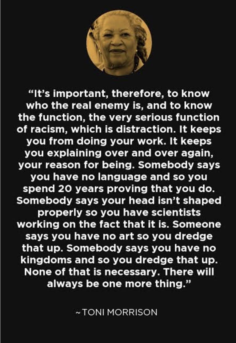 pastorpoju's tweet photo. I got this image on @naijama wall. It re affirms what I have always believed. Don't get distracted, the only thing that really matters is you get excellent results in what you have been assigned to do. 

You don't win arguments and win in life at the same time. Choose one. Let your results speak, avoid premature debates with words.

Below, is the quote by Toni Morrison. She wrote about racism as a distraction by it applies to all things. Jesus said as you go "greet no man" I.e remain focused.
