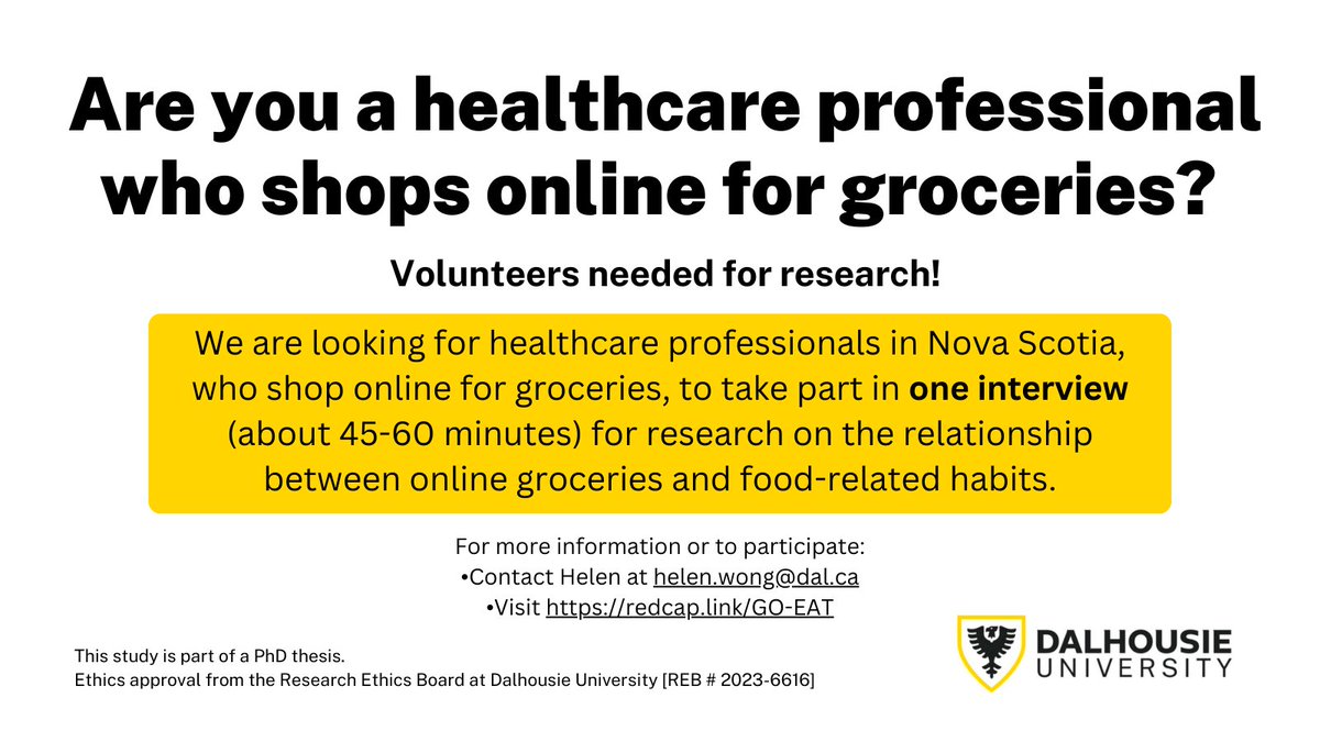 👋 Are you a #HealthcareProfessional living in #NovaScotia & an online grocery shopper? 💻🛒 As part of my PhD research, I am looking to interview HCPs about their food-related habits. 🍩🍎🌽 For more info or to sign up: redcap.link/GO-EAT Please share 🙏