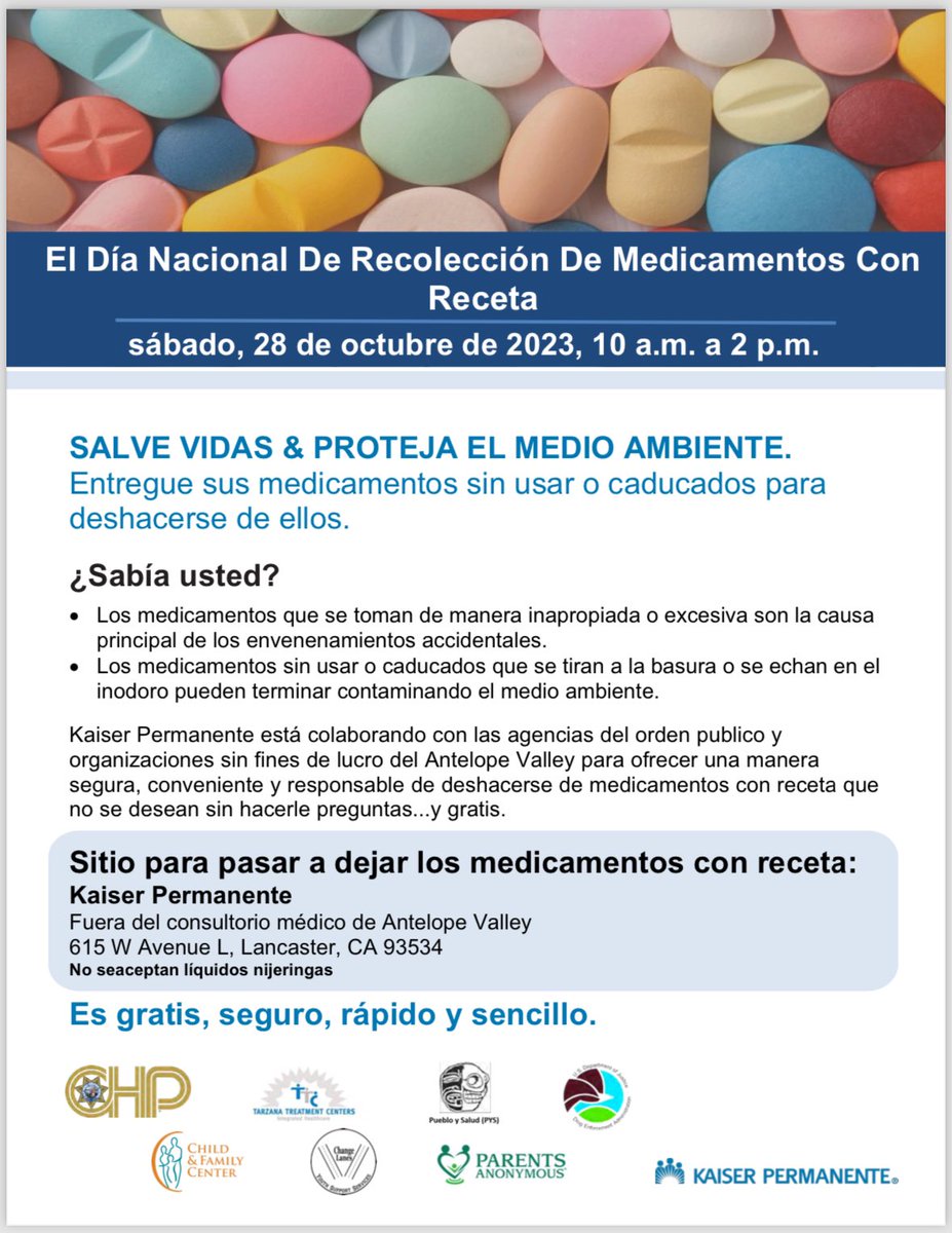NATIONAL DRUG TAKE BACK DAY IS BACK!!!!!

Saturday, October 28th, from 10am-2pm, drop off your unwanted, unused, expired medication at the Lancaster Kaiser Permanente Butterfly building!
Come out and save lives &amp; protect our environment by disposing of your medication properly!