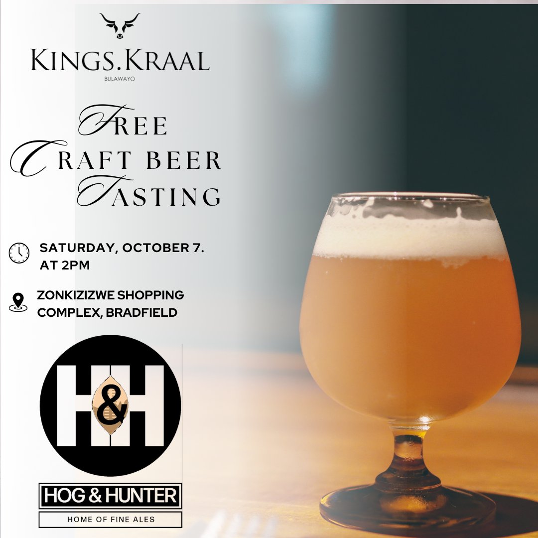 🍻Join us this Saturday, October 7th, for a FREE craft beer tasting with Hog and Hunter. 🌟 Savor the flavors and create memorable moments. Cheers to great beer and good company! 🥂 #CraftBeerTasting #HogAndHunter 🍺 #HogAndHunterTasting #CraftBeerLovers #SavorTheFlavor #Bulawayo