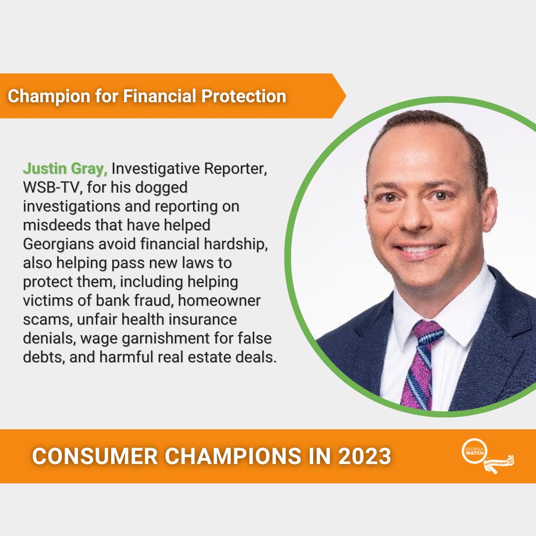 georgiawatch's tweet image. Our annual Consumer Champion Awards Celebration will be held on October 12 at 1705West from 6 to 8 p.m.  RSVP HERE:  bit.ly/3RAXH81   

@JustinGrayWSB, @wsbtv Investigative Reporter, will be honored as our 2023 Champion for Financial Protection.
#Consumer #Champion