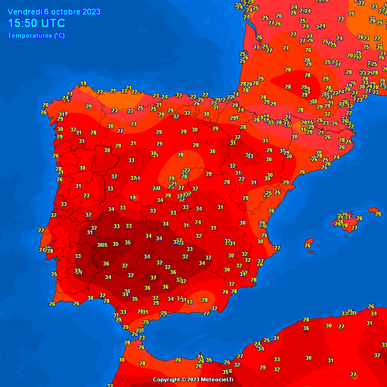 Unbelievable heat in SW Europe
Spain and Portugal again >37C and more days to go
Today many monthly records broken

SPAIN
37.4 Seville
30.1 MADRID RETIRO PARK 

FRANCE
31.9 Lagrasse
31.6 Castelnaudary
31.1 Carcassone
30.7 Lunas

MADEIRA ISLAND
34.7 Funchal Island October record