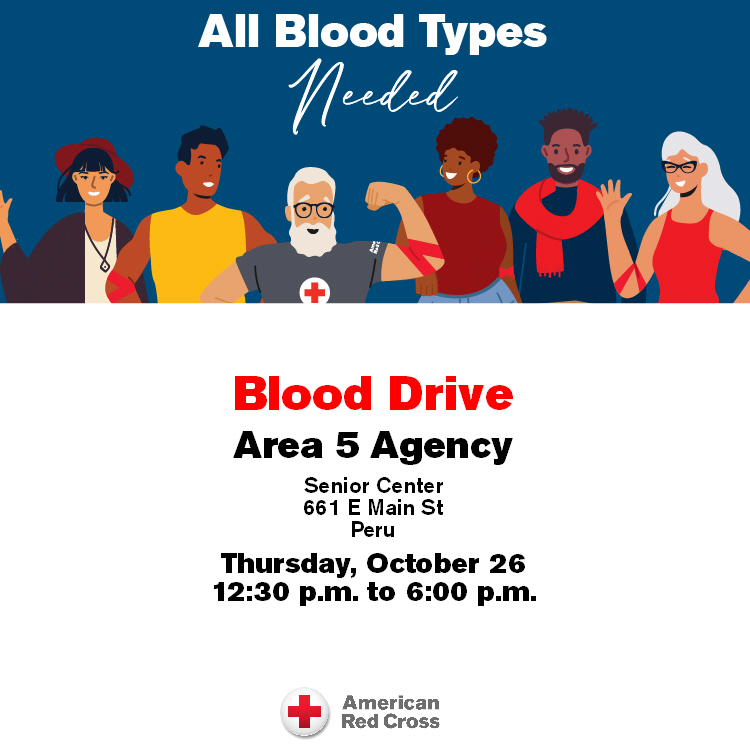 AreaFiveAgency's tweet photo. We will be holding a blood drive today at our Peru Senior Center (661 East Main Street) from 12:30 p.m. to 6:00 p.m. Visit https://t.co/GQQL0XXw7i to schedule an appointment. https://t.co/13u38CivLH