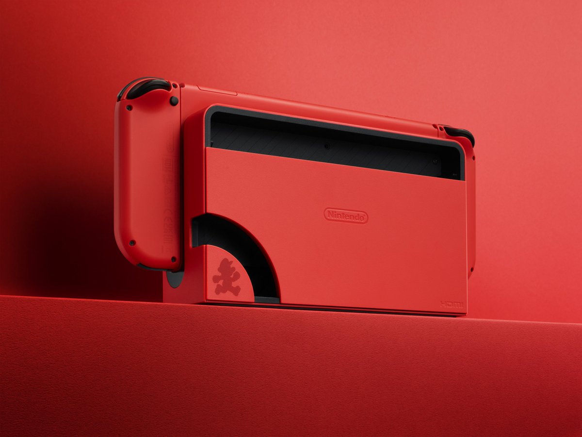 NintendoAmerica's tweet photo. Start your adventure with a Mario-inspired system! The system features a console, dock, and Joy-Con controllers all in the iconic Mario Red color. 

#NintendoSwitch - OLED Model: Mario Red Edition is available now, at participating retailers. 

https://t.co/uU1vesiu5e https://t.co/DBpJ8YrTmv