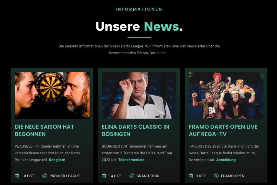 All news of the Swiss Darts League on dartsleague.ch

- FKB Grand Tour 2023
- Premier League

Register now for the darts highlight of the year... 

FRAMO DARTS OPEN
9. December 2023 
live on Rega-TV!

#swissdarts #swissdartsleague #welovedarts