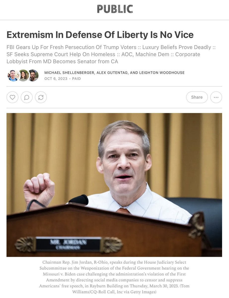 Michael Shellenberger (@shellenberger) on Twitter photo The media and Liz Cheney say Republicans can't be counted on to defend democracy if Rep. <a href="/Jim_Jordan/">Rep. Jim Jordan</a> becomes Speaker of the House, but that's ridiculous: nobody in Congress has done more than Jordan in recent years to defend free speech and depoliticize the FBI and DHS. The media and Liz Cheney say Republicans can't be counted on to defend democracy if Rep. <a href="/Jim_Jordan/">Rep. Jim Jordan</a> becomes Speaker of the House, but that's ridiculous: nobody in Congress has done more than Jordan in recent years to defend free speech and depoliticize the FBI and DHS.