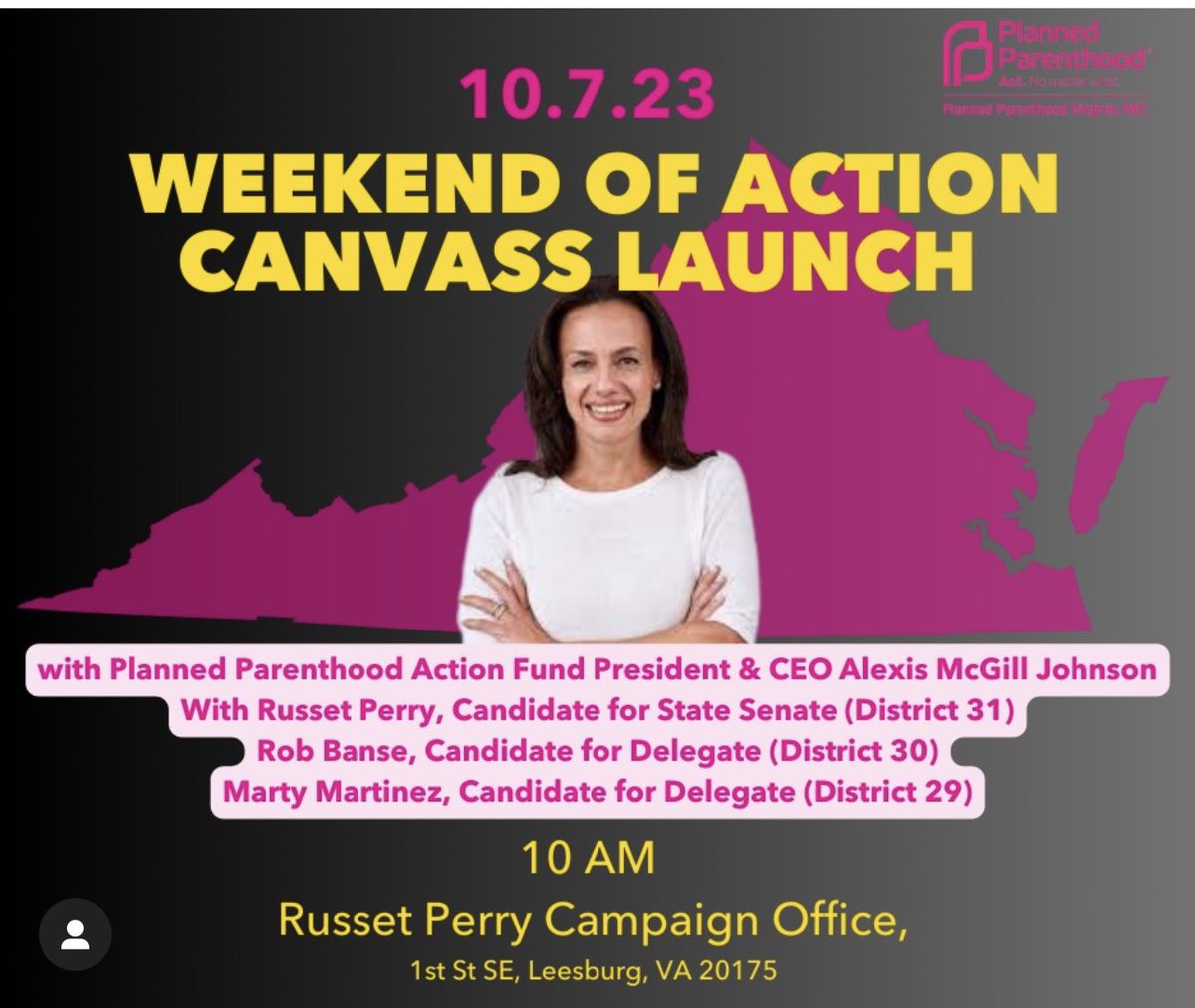 💗We can’t wait to see @alexismcgill President of @PPact tomorrow at our canvass launch!!!! 💗Join us TOMORROW at 10 AM for a weekend of action kick off for @RussetPerry Rob Banse and Marty Martínez!!!!! #abortionisontheballot #VAelections