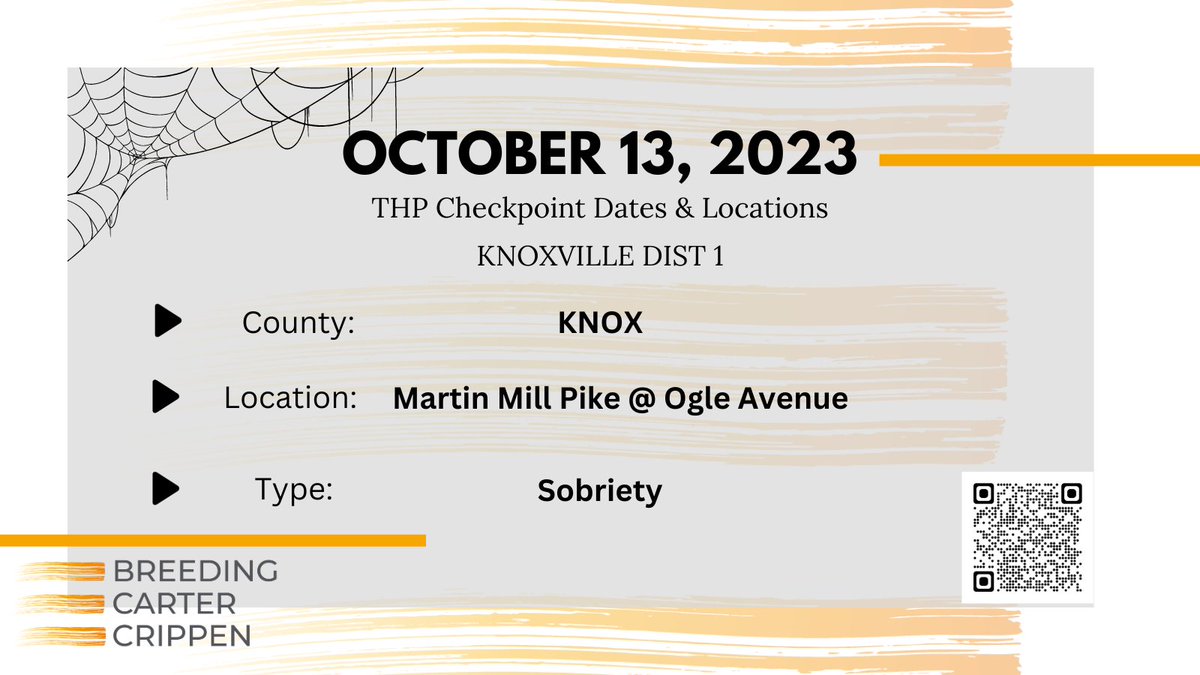 Breeding_Law's tweet photo. 🟠Fun Fact Friday🟠
 
DYK that the Tennessee Highway Patrol must disclose where and when they will have sobriety checkpoints? Every month they release those dates and locations at https://t.co/8OkWObyRmW. 
 
Our page will also be posting the list every month as a reminder. https://t.co/sCbpUNluKK