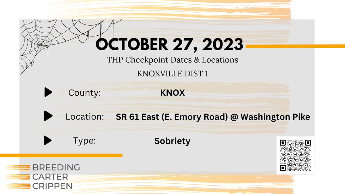 Breeding_Law's tweet photo. 🟠Fun Fact Friday🟠
 
DYK that the Tennessee Highway Patrol must disclose where and when they will have sobriety checkpoints? Every month they release those dates and locations at https://t.co/8OkWObyRmW. 
 
Our page will also be posting the list every month as a reminder. https://t.co/sCbpUNluKK