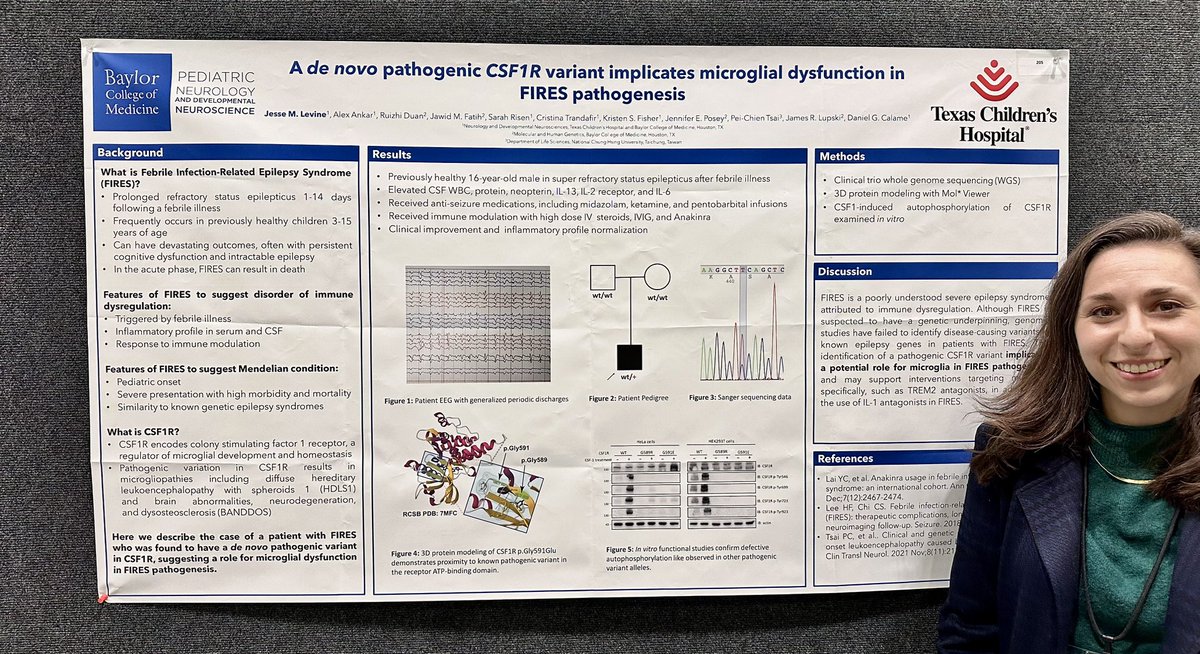 Uncovering new layers #FIRESPathogenesis🔥! As an aspiring neuroimmunogeneticist, Jesse Levine’s #CNSAM poster delves into the impact of a de novo #CSF1R variant, suggesting a possible link to microglial dysfunction.