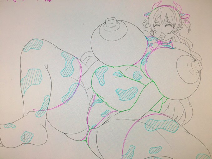 なぎさちゃんおばさん(3x歳 既婚、子持ち)の牛柄レオタ差分、ニーソ以外ペン入れが終わりました…!
もう、眠たさが限界です… 