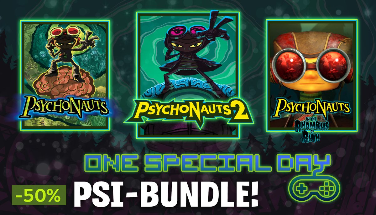 One day. One sale. Three games.

Psychonauts is part of #OneSpecialDay on Steam. You can grab our PSI-Bundle for %50 off right now. That's the entire Raz Saga!

(That's right. I'm calling it a saga now.)

Sales raise funds for @SpecialEffect!

store.steampowered.com/sale/onespecia…