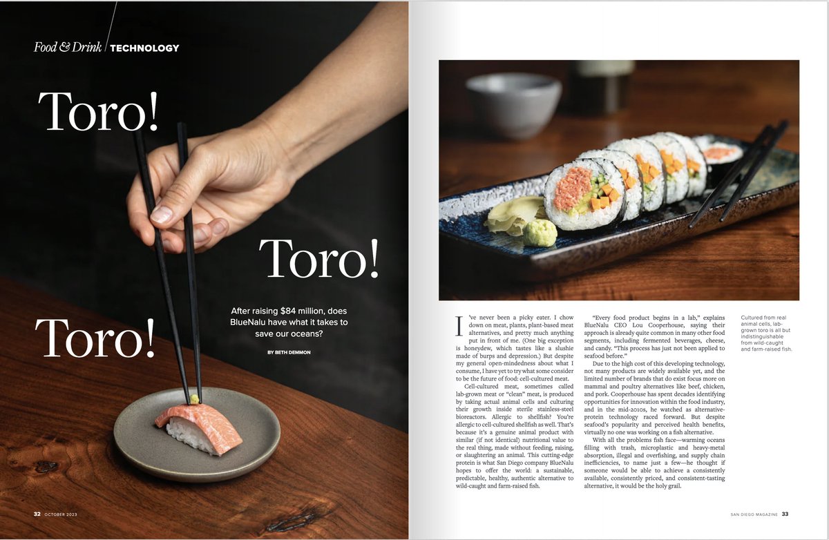 Toro! Toro! Toro! BlueNalu was featured in this month's edition of @SanDiegoMag in an incredible 4-page spread with insights from our CEO, CTO & local San Diego icons. Check out the piece at the link or pick up a printed copy at your local newsstand. bit.ly/3tob7u7