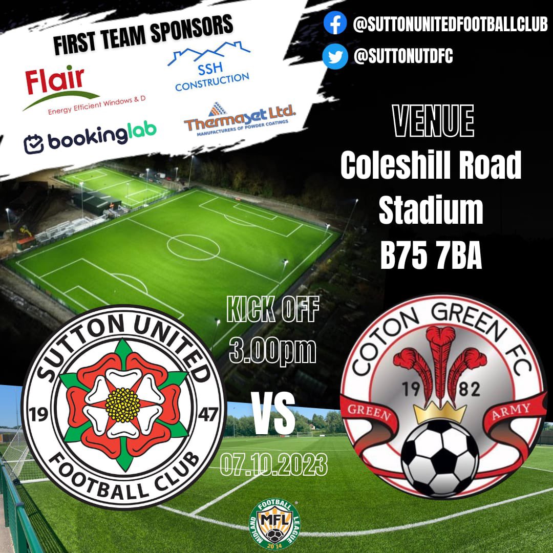 Sutton United FC (Birmingham) (@suttonutdfc) on Twitter photo π’β«β½ TOMORROW β½β«π’
β½οΈ SUFC π <a href="/cotongreenfc/">Coton Green FC</a>
β° 3pm KO
ποΈ Coleshill Road Stadium
ποΈ 7/10/23
π° Β£6 Adults, Β£3 Concessions Members half price
π’ <a href="/FlairWindows/">Flair Windows</a> <a href="/bookinglab/">bookinglab</a> <a href="/Thermaset/">Thermaset</a> SSH Construction
β½
Come and support 2 local teams do battle! π’β«β½ TOMORROW β½β«π’
β½οΈ SUFC π <a href="/cotongreenfc/">Coton Green FC</a>
β° 3pm KO
ποΈ Coleshill Road Stadium
ποΈ 7/10/23
π° Β£6 Adults, Β£3 Concessions Members half price
π’ <a href="/FlairWindows/">Flair Windows</a> <a href="/bookinglab/">bookinglab</a> <a href="/Thermaset/">Thermaset</a> SSH Construction
β½
Come and support 2 local teams do battle!