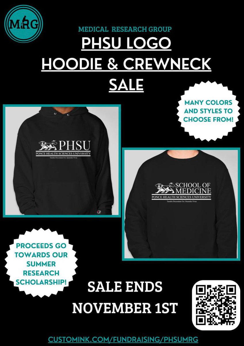 Exciting news! ✨

The PHSU MRG will launch s hoodie and crewneck sale. Every purchase propels the MRG’s Summer Research Scholarship Fund, aiding URiM MD students in unpaid summer research programs. 

Order by Nov 1st 🗓️

customink.com/fundraising/PH…