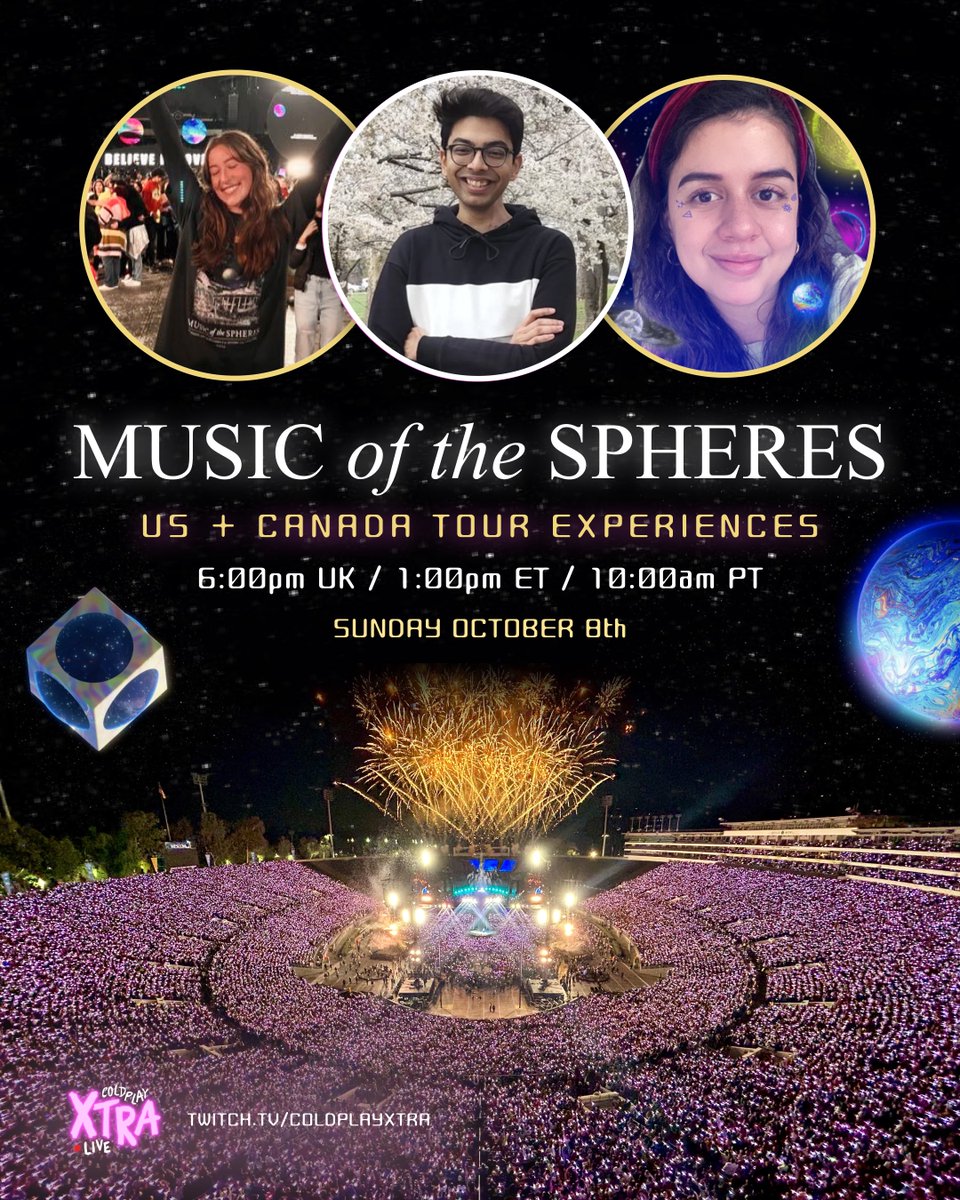 ColdplayXtraTV's tweet photo. Next livestream: This Sunday 🛸👾✨

Join Abhi, Karolyn &amp; Julia as they share their tour experiences and review Coldplay’s West Coast shows on #ColdplayXtraLIVE 

⏰ 6pm UK • 1pm ET • 10am PT
💜 https://t.co/xEcx6xGdnD https://t.co/7pzwWkcMQC