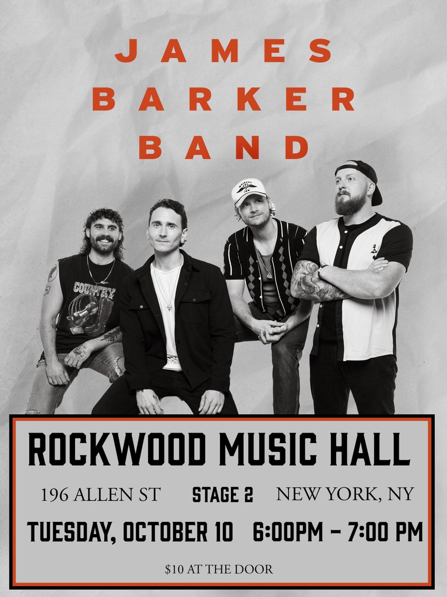 CountrySwag's tweet photo. 🚨 Just Announced! @JamesBarkerBand is coming to @RockwoodNYC THIS Tuesday, 10/10! 

More Info here: https://t.co/bz1wDheChD https://t.co/L0sGNuBPQq