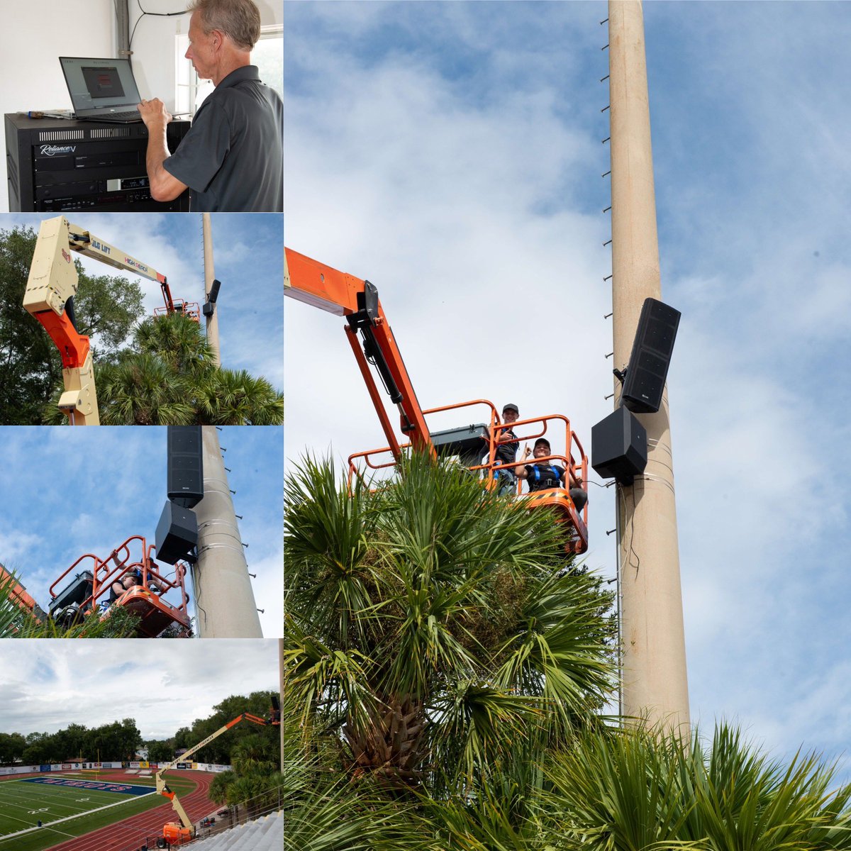 How many @lakebrantley alumni does it take to upgrade the stadium speaker system? 4 & 1 alumni dad. The team spent a few hot days installing & commissioning a very much improved @Electro_Voice  system. #proav #womeninav #ignite #askchet #electrovoice #relianceav #orlandoav