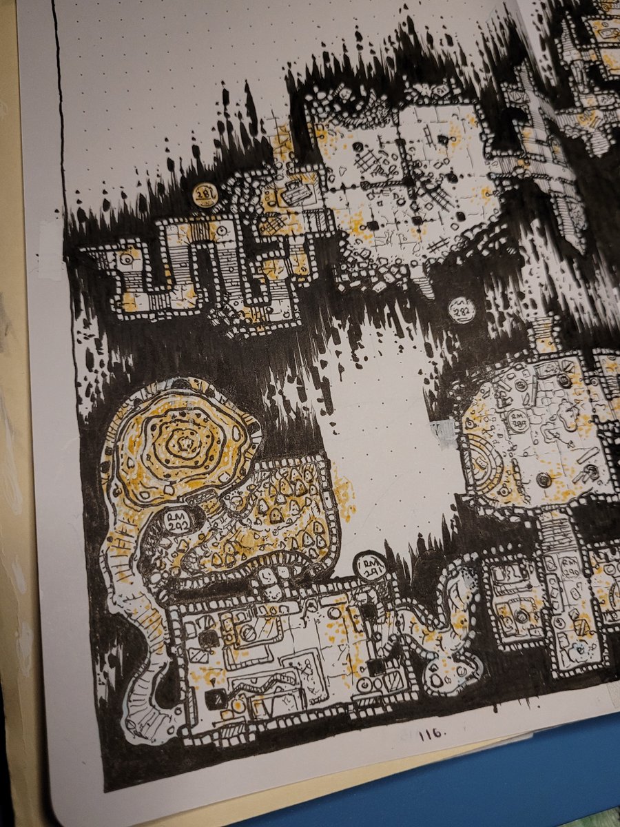 Amelyth's tweet image. WK40 RM293 -

The botanist at the Inn was right,  bees in this dungeon create clusters of hives, more like stalagmites than hives.

They cover the floor, someone has built a wall around with what look like crumbled wall  from the prison. Is it to protect them?

#dungeon23