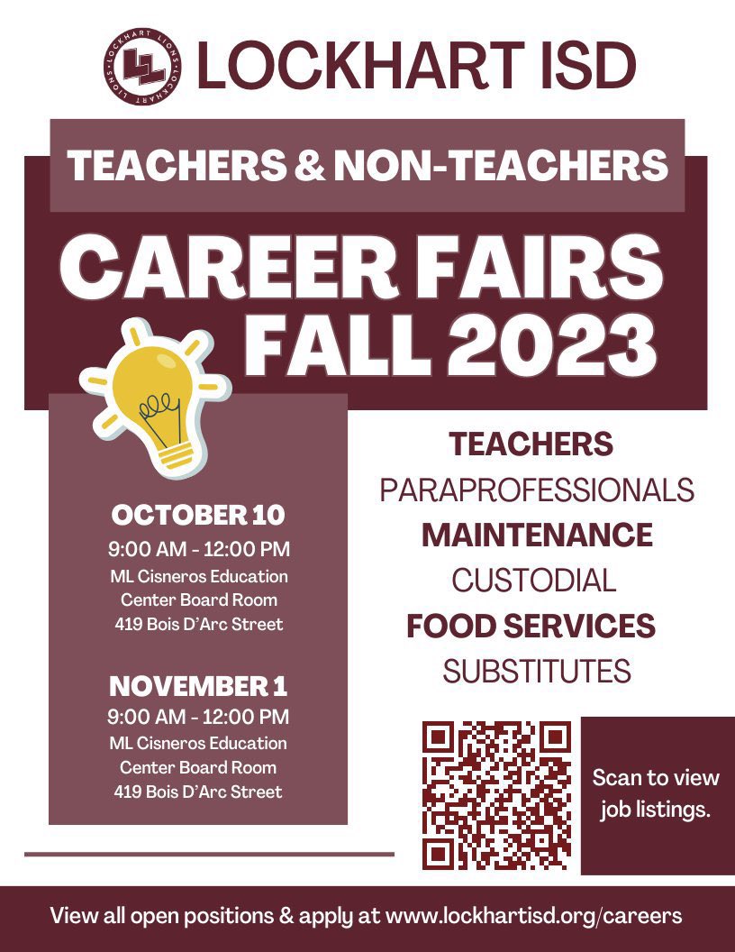 Our next Career Fair is on Tuesday, October 10! #UnLockingPotential

We will be hiring teachers, paraprofessionals, maintenance, custodial, food service, and substitutes.

To see a list of all open positions, please visit lockhartisd.org/careers.