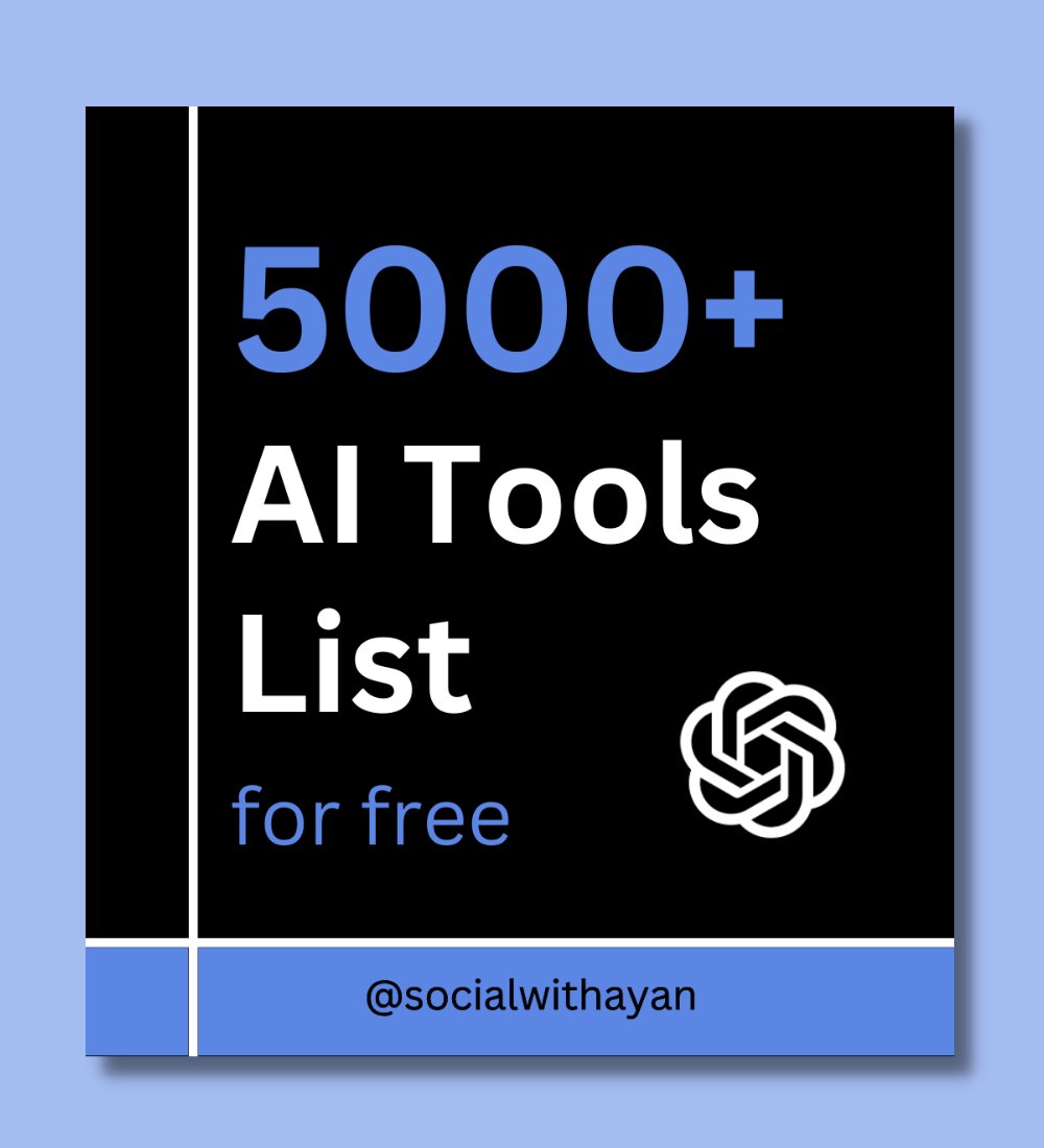 By 2030, AI will be $4.0 trillion industry

Yet, 99% of people only know ChatGPT

So Here are 5000+ BEST AI tools across 50+ categories to help you run your business

To get it:

• Turn on Bell  "🔔"
• Retweet &amp; Reply "AI"
• Follow @socialwithayan so I can DM