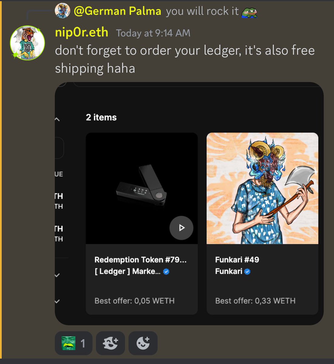 Web3German's tweet image. Bro I’m tearing 🥹

3 days ago I joined back to @FunkariNft after I got compromised months ago…

And today I just noticed @nip0rr have sent me a ledger that same day to keep my funds safe this time 🥺❤️

I’m out of words, love Funkari 🫶#FunkFam #FunkLove