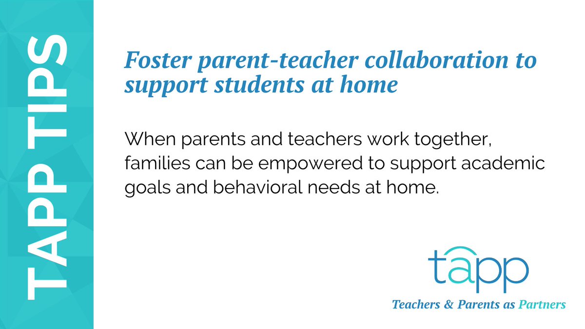 TAPP Tip: Foster parent-teacher collaboration to support students at home!

When parents and teachers work together, families can be empowered to support academic goals and behavioral needs while at home. bit.ly/3LDSJDC #SchoolPsych #SchoolPartnership #MentalHealth