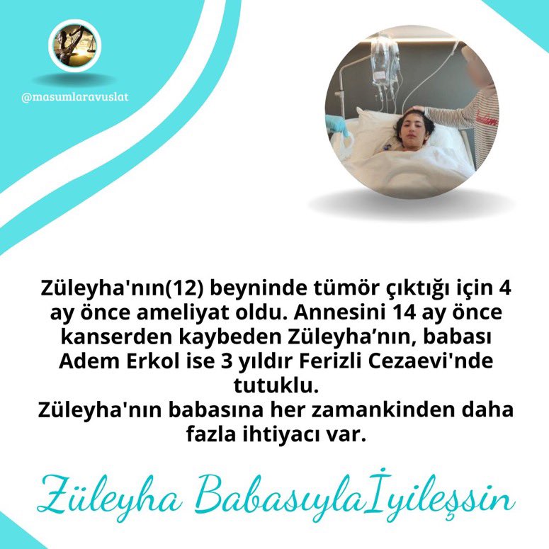 insan_sevgisii's tweet photo. Züleyha'nın(12) beyninde tümör çıktığı için 4ay önce ameliyat oldu.Annesini 14ay önce kanserden kaybeden Züleyha'nın,babası Adem Erkol ise 3yıldır Ferizli Cezaevi'nde tutuklu.

Züleyha Babasıylaİyileşsin 
#Crypto İSTİFA ET #MEKAG
@yesimsalkim https://t.co/1QiMbEvBpN