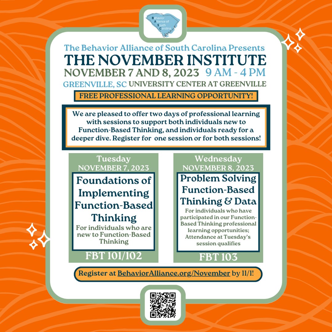 REGISTRATION IS OPEN 🎉 We heard you &amp; we're excited to offer another 🆓 session on the Intro to Function-Based Thinking &amp; a 🆓 session that dives deeper into problem-solving &amp; data 📊 Register to secure your spot 🔏 BehaviorAlliance.org/November
#behavior #free #professionallearning