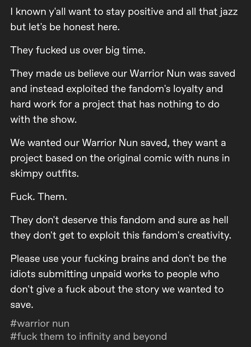 freaky_frenk's tweet photo. For fuck's sake don't enter the contest. We wanted to #SaveWarriorNun, they obviously want a Sister Areala trilogy.
First they take us for fools and then they expect the fandom to do their work for free?
If they want nuns in skimpy outfits let them do the work for it.
#WarriorNun https://t.co/uYm1B7tTtp